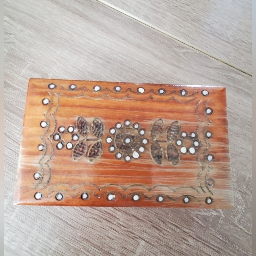 Handmade in Poland trinket wooden box. With red velvet inside.  VINTAGE